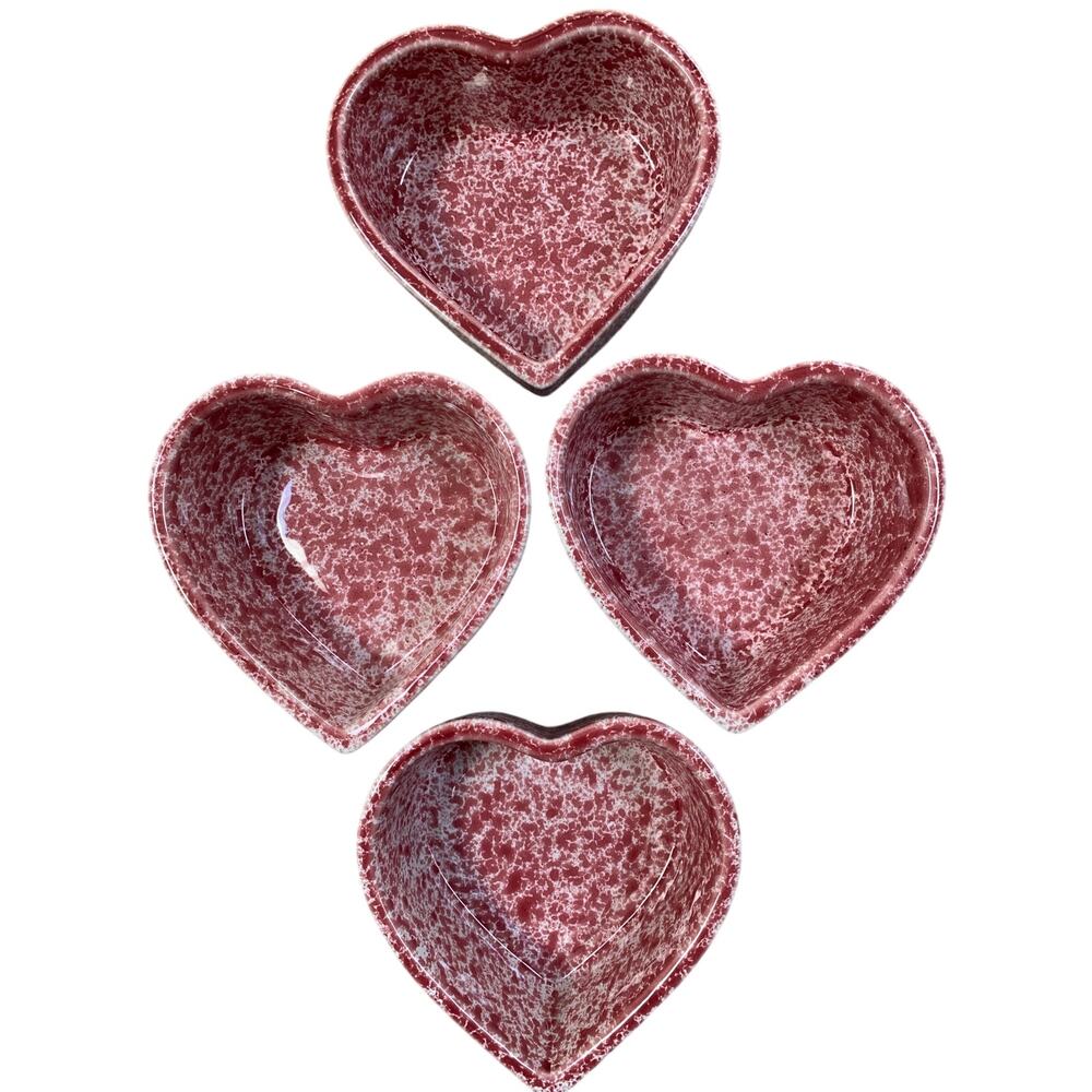 Set of 4 Heart Shaped Coche Stoneware Baking Dishes Sponge Painted in Pink